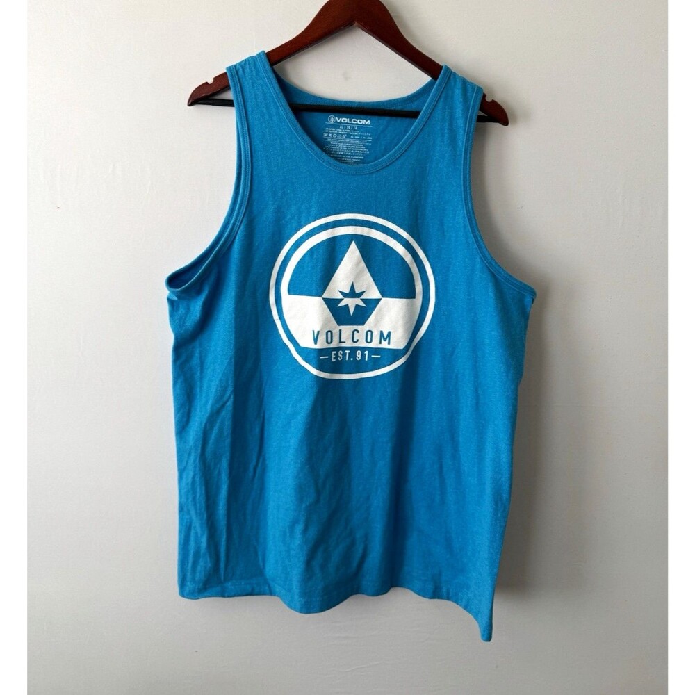 Volcom Mens XL Blue Graphic Logo Tank Lightweight Crew Neck Sleeveless Pullover